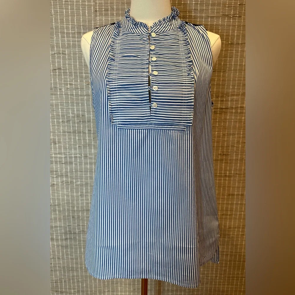 💜 J. Crew Blue & White Stripe Pleated Bib Pop Over Blouse 💜